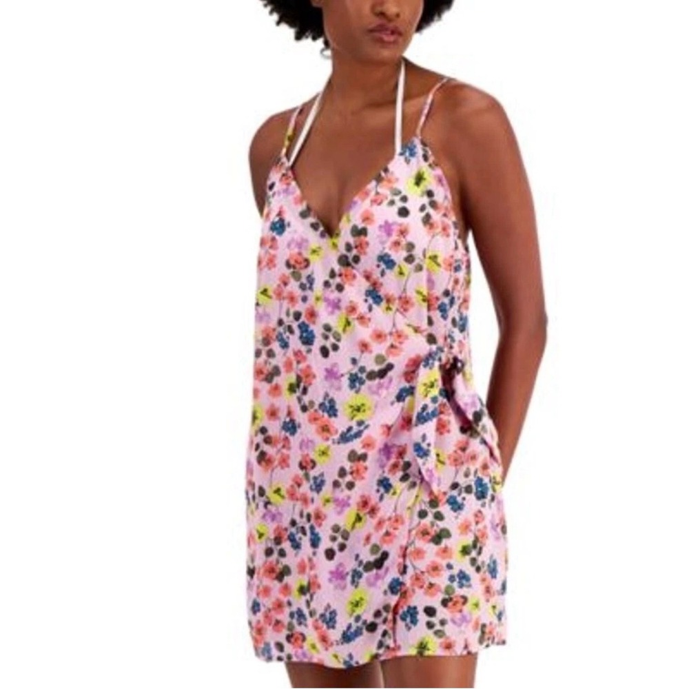 Miken Pink Floral Tie Front Cover Up Dress Small Y2K Coquette Beach NWOT